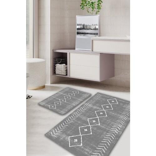 Grey Bohemıan Gray White Squarehead Style Washable 2li Bath Mat Floor Mat Toilet Seat Pad Digital Print Cotton 2'li