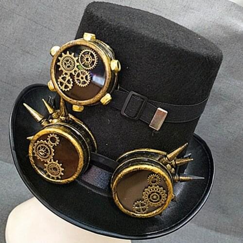 Steampunk Goggles Hat Men Women Handmade Gothic Black Magic Bowler Hat 61cm Punk Cosplay Accessories