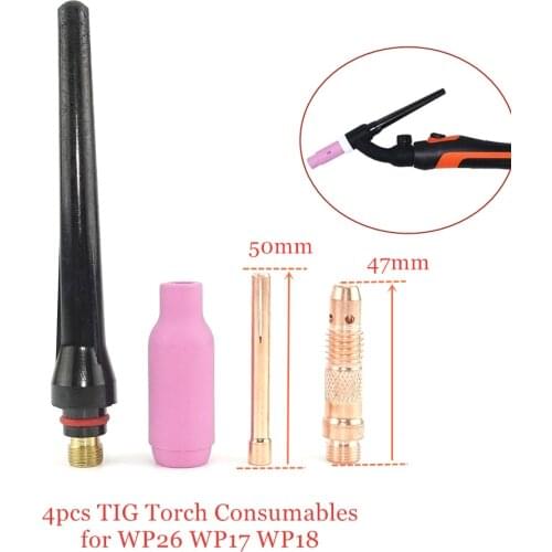 Argon TIG Welding Torch Consumable 4pcs Electrode Collet Body Collet Alumina Nozzle Long Cap WP18 WP17 WP26 TIG Kits