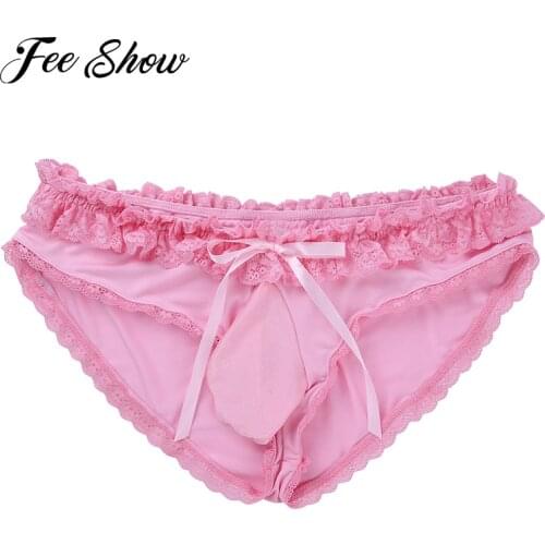 Gay Underwear Men Frilly Lace G-String Briefs Sexy Long Penis Sheath Jockstrap Panties Sissy Crossdress Bowknot Underpant