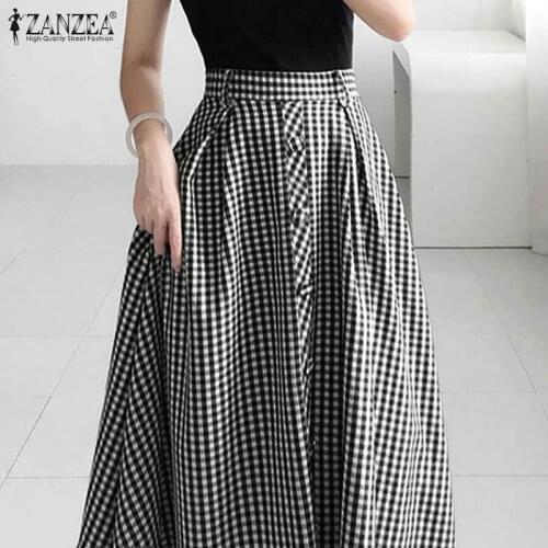 Women Elegant High Waist Midi Skirts ZANZEA Vintage Plaid Check Loose Mujer Faldas Lady Summer Fashion Zipper A Line Skirt Femme