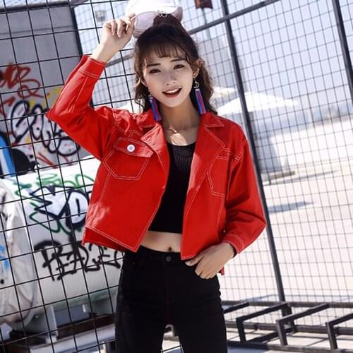 Plus Size Red Loose Bomber Women Denim Jacket Coat Streetwear Short Jean Female Coat Outwear Woman Oversize Jeans Clothing