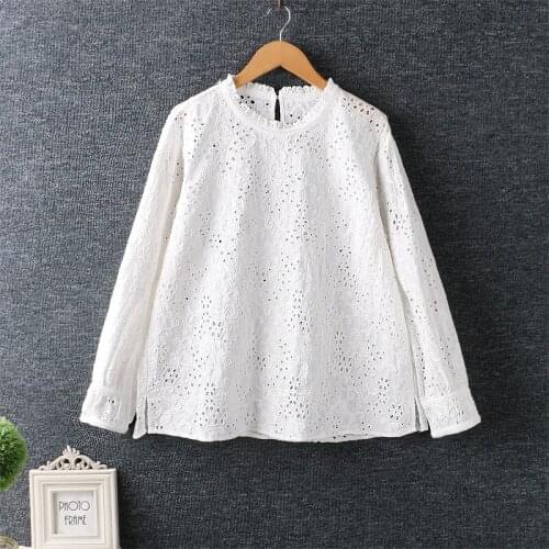 2021 New Spring Women Blouse Japan Style Mori Girl Lace O-Neck Hollow out Embroidery Cotton linen Pullover Long Sleeve Shirt