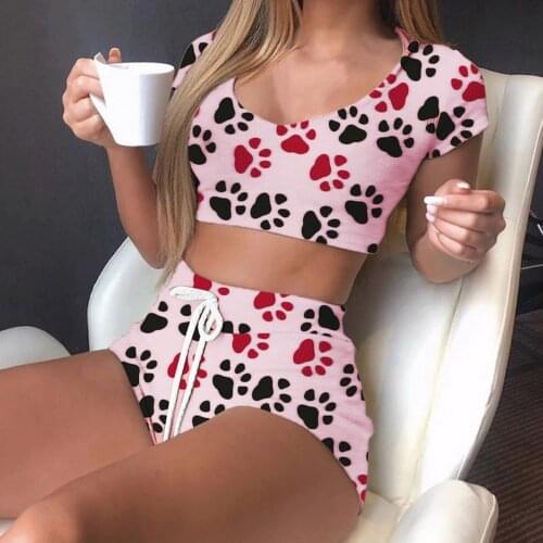 Paw-Printed Tracksuit Women Casual V-Neck Shorts Set Biker Shorts Stretchy Slim Fitness Short Sleeve Matching Set шорты женский