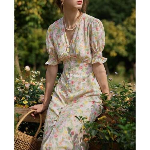 Ordifree 2021 Vintage Women Floral Long Dress Flower Print Single Breasted Retro Slit Maxi Dress