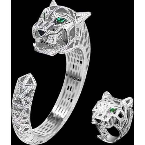 Zlxgirl Classic full zirconia Hollow design leopard head bracelet and ring set fashion women and men leopard bangle ring sets