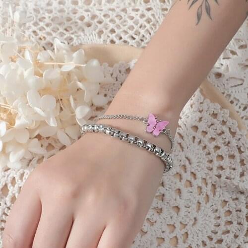 1PCS Sweet Butterfly Bracelet Fashion 2-layer Cube Chain Bracelet Charm Bracelet for Women Girls Jewelry Accessories Gift