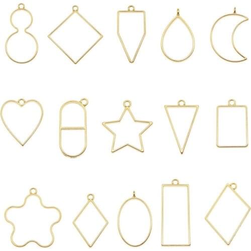 15pcs Geometric Frame Pendant UV Metal Resin Open Bezel Geometric Hollow Frame Trays Open Bezel Pendant Resin Molds DIY Pressed