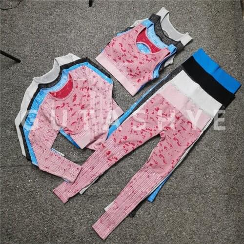 2/3Pcs Yoga Set Women Seamless Camouflage Long Sleeves Tops High Waist Leggings Fitness Sport GYM Camo Suits Tight Workout Pants