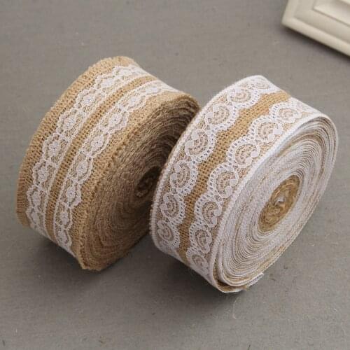 2Roll/2yards 50mm Width Burlap Roll Vintage Multicolor Lace Edged Hessian Fabric Ribbons Rustic Wedding Party Decor