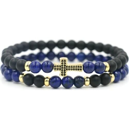 2Pcs/Set Natural Lapis Stone Beaded Strand Cross Bracelet For Men Women Jewelry
