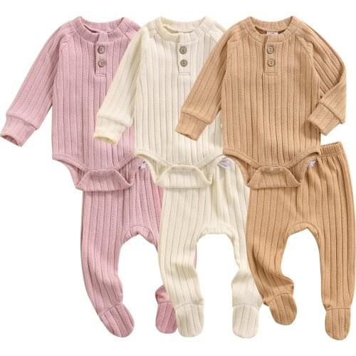 2pcs Newborn Autumn Winter Clothes Sets Baby Boys Girls Long Sleeve Solid Knitted Romper Long Pants Toddler Casual Outfits