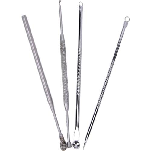 4pcs/set Stainless Steel Blackhead Pimple Comedone Acne Extractor Remover Tool+Ear Wax Stick Kit Set Wholesale