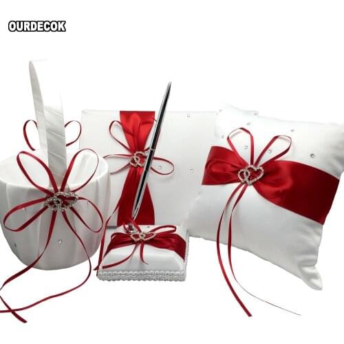 4Pcs/set Red Wedding Decoration Bridal Satin Ring Pillow+Flower Basket+Guest Book+Pen Set Wedding Products Supplies