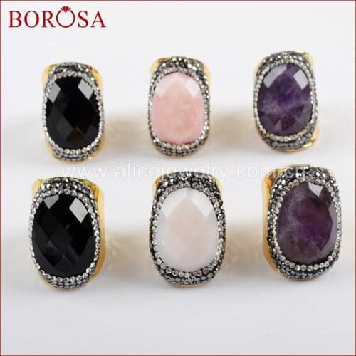 BOROSA 5/10PCS Fashion Rhinestone Pave Natural Multi-kind Facted Stones Ring Amethysts Pink Opal Druzy Rings Jewelry JAB937