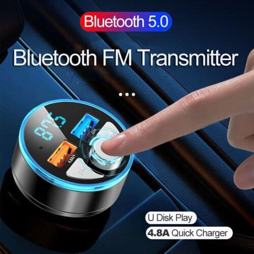 JINSERTA Bluetooth 5.0 Handsfree Car Kit FM Transmitter 4.8A USB Fast Charger Auto Cars USB Pen Cars MP3 Player Wireless