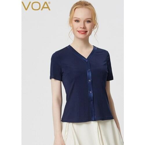 VOA Silk 33m/m Double-Sided Knitted Heavy V-neck Short Sleeve Satin Stitching Single-Breasted Super-Elastic Blouse Women BE19