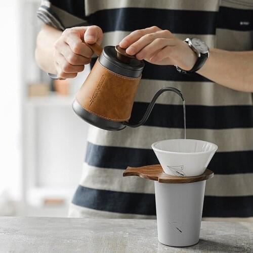 Stainless Steel Hand Punch Pot With Comfortable Handle Coffee Maker Narrow Spout Coffee Kettle Covered With Leather Sheath