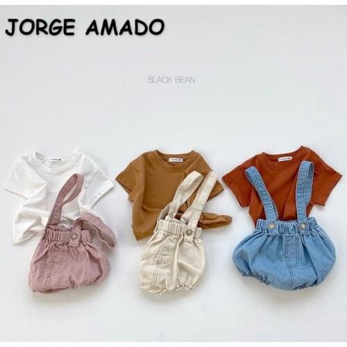 2021 New Summer Kids Girls 2-pcs Sets Solid Color T-shirt + Denim Shorts Cute Style Children Clothes E7518
