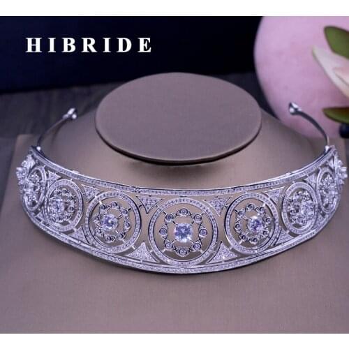 HIBRIDE Top Dubai Jewelry Bridal Hair Accessories AAA Cubic Zircon White Gold Color Women Crown Wedding Engagement Gifts C-39