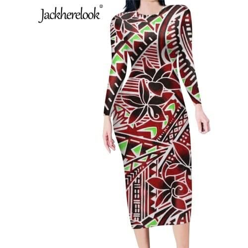 Jackherelook Vintage Polynesian Tribal Tattoo Hibiscus Plumeria Print Women Long Sleeve Bodycon Dresse Office Lady Pencil Dress