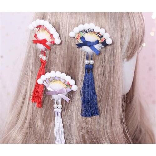 Tassels Pom Pom Bow Cosplay Sakura Sector Hair Accessories Hanfu Kimono Lolita Women Headwear Side clip Hairpin B901