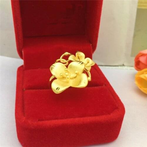 Korean Yellow Gold Color Ring for Women Girlfriend Female Exquisite Double Flower Hand Jewelry Wedding Anniversary Birthday Gift