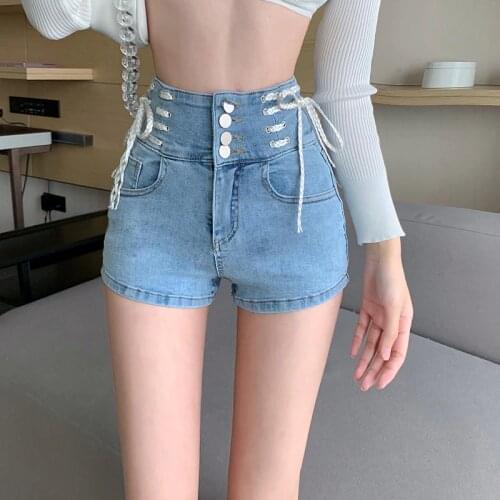 Lace Four Breasted High Waist Retro Denim Shorts 2021 New Womens Slim Fit Slim Sexy Elastic Back Hollow Aesthetic Fashion