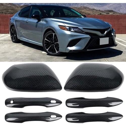 Carbon Fiber Side Door Rearview Mirror Cover Cap + Door Handle Cover for Toyota Camry 2018-2021