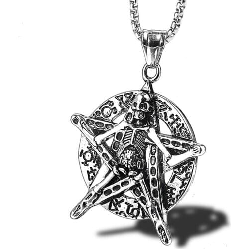 RIR Gothic Gold Skull Five-pointed Star Satanic Pendant Necklace Punk Rock Style Round Pendant For Men Fashion Jewelry