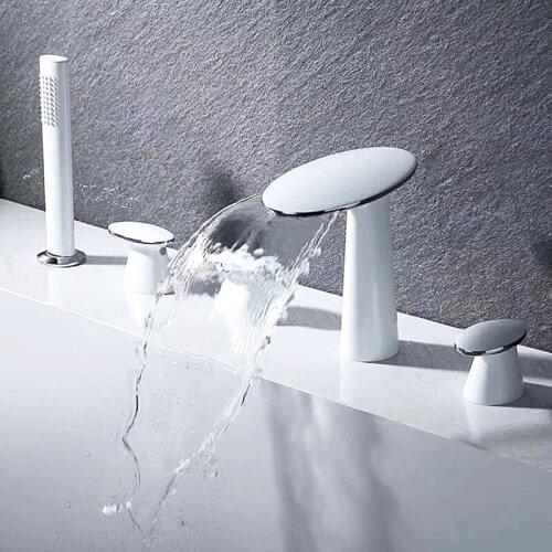 White Painted Brass Waterfall Bathtub Shower Faucet Deck Mounted Bathtub Faucet With Hand shower Cold And Hot Water Mixer Taps
