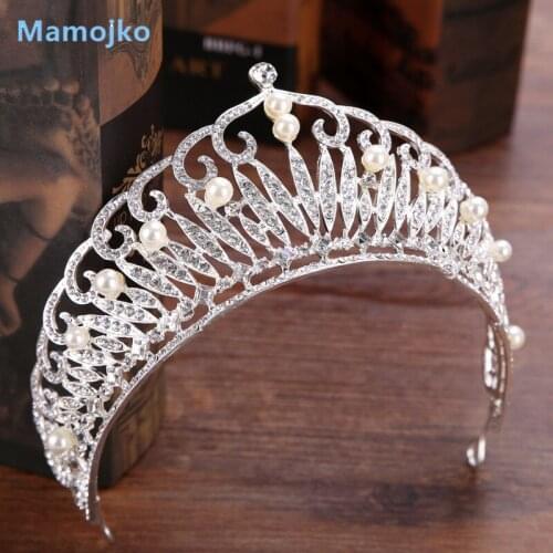 Mamojko Europe Romantic Queen Pearl Bridal Crown Tiaras Woman Wedding Headwear Crystal Tiara For Bride Hair Accessoriesy Bijoux