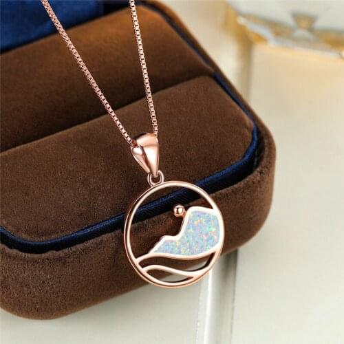 Cute Female White Blue Opal Pendant Necklace Rose Gold Silver Color Chain Necklaces For Women Charm Hollow Wave Wedding Necklace