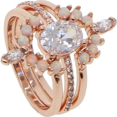 Delicate big cz egg oval shape Finger Ring Rose Gold Paved Tiny Zirconia CZ opal Jewelry 3pc ring set For Valentines Day Gifts