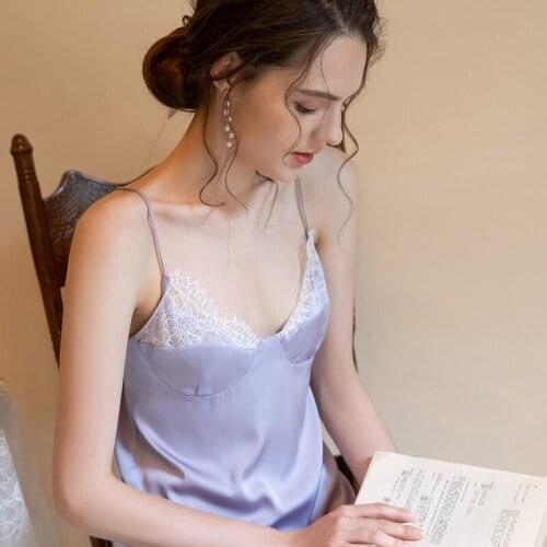 Yhotmeng nightdress for woman sloth sleepwear Silk suspender skirt eyelashes lace double layer stitching cover home service