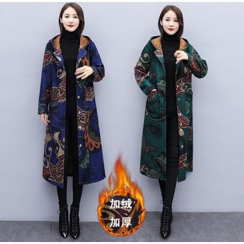 Large size women Autumn Winter New Hooded coat female Middle age clothing long Plus velvet coats fashion printing trench coats