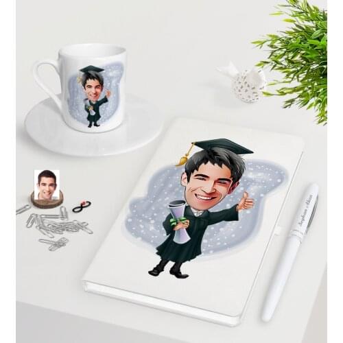 Personalized Men 'S Graduated Caricature Of White Notebook Pen Turkish Coffee Cup Seti-1