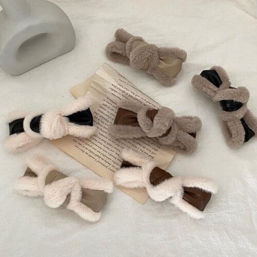 Plush Bow Hairpin Korean Autumn And Winter New Texture PU Leather Hairpin Side Clip Cute Duckbill Bangs Clip akcesoria do wlosow