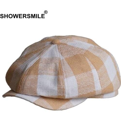 SHOWERSMILE Linen Newsboy Cap Men Women Spring Summer Beret British Style Octagonal Cap Plaid Vintage Male Female Flat Cap