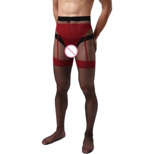 Slim Male Tights Black with Red Color Open Crotch Stockings See Through Transparent Hosiery Summer Mens Pantyhose Dropshipping