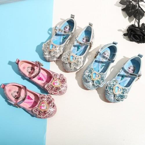 Disney Frozen Elsa Princess Girls Leather Crystal Shoes Glitter Casual High Heels Girls Sandals Pink Blue Silver Princess Shoes