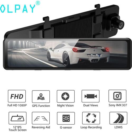 OLPAY 12 Inch Car Rearview Mirror Stream Media Dash Cam Dual HD 1080P Camera Car Dvr ADAS Super Night GPS Navigation Registrar
