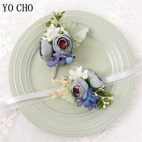 YO CHO Bride Corsage Artificial Flowers Men Boutonniere Wedding Party Decoration Bridesmaids Wrist Bracelet Flowers For Wedding