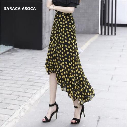Summer Bohemian Yellow Floral Ankle-Length Print Chiffon Skirt Women High Waist Irregular Slim Hip Tuxedo Bust skirt For Girls