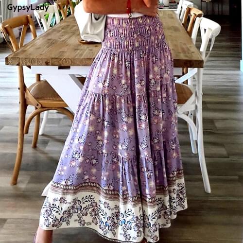 GypsyLady Vintage Floral Print Skirt Women Summer Boho Long Skirts Elastic Waist Ladies Ethnic Female Casual Chic Maxi Skirt