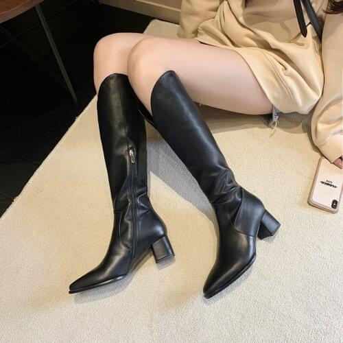 Fashion Knee High Boots Side Zipper Pointed Tight High Boots Autumn Winter Party Office Lady Thick Heels Shoes Woman