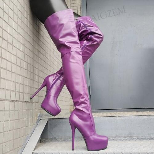 SEIIHEM Women Thigh High Boots Faux Leather Full Zip Up Over Knee Customize Sapato Shoes Woman Ladies Big Size 41 45 47 50 52