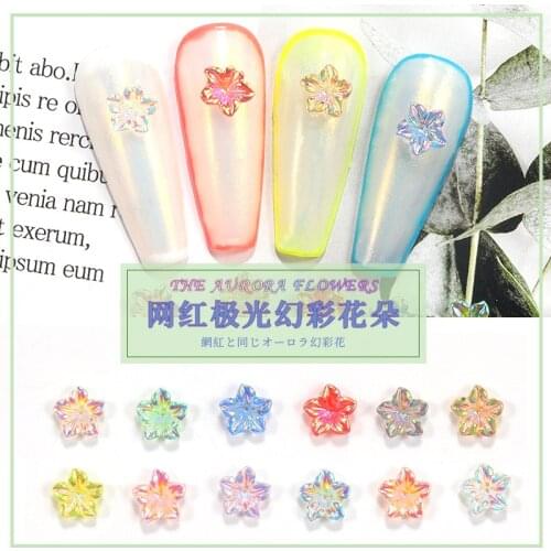 50Pcs 6mm Sparkle Flower Nail Art Resin Rhinestones Aurora Mixed Color Five-Petal Flower Charms For Nail Manicure Decoration