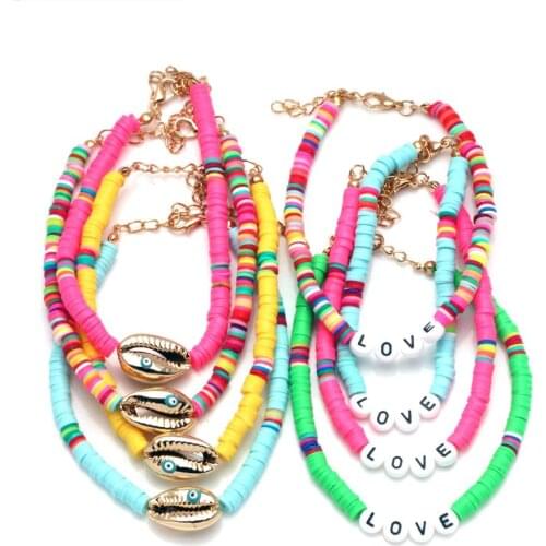 Boho Polymer Clay Heishi Beads Cowrie Seashell Blue Evil Eye Letter Love Chain Anklet Women Girl Pretty Cute Rainbow Jewelry Her
