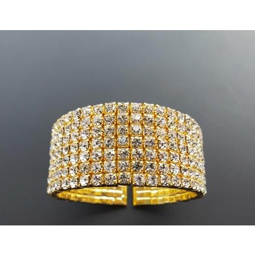 7 Rows Bridal Wedding Side Open Bangle Bracelets Gold Color and Silver Plated Crystal Rhinestone Cuff Bangle for Women